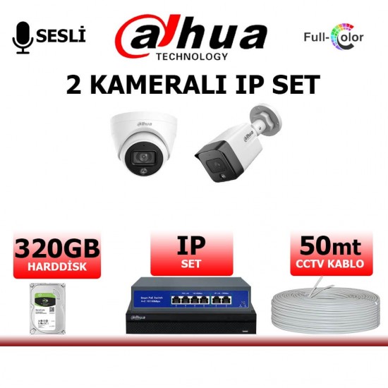 Dahua 2MP IP kamera seti gece renkli sesli bullet dome PoE sistem